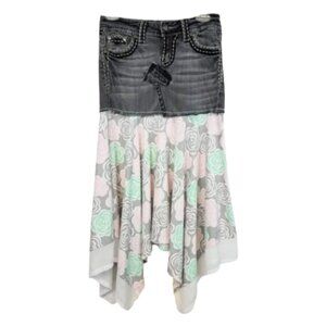 MISS ME Refashioned Upcycled Below Knee Floral Jean Skirt - Women's 26 Waist